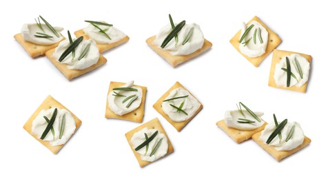 Image of Delicious crackers with cream cheese and rosemary isolated on white, collage. Top and side views