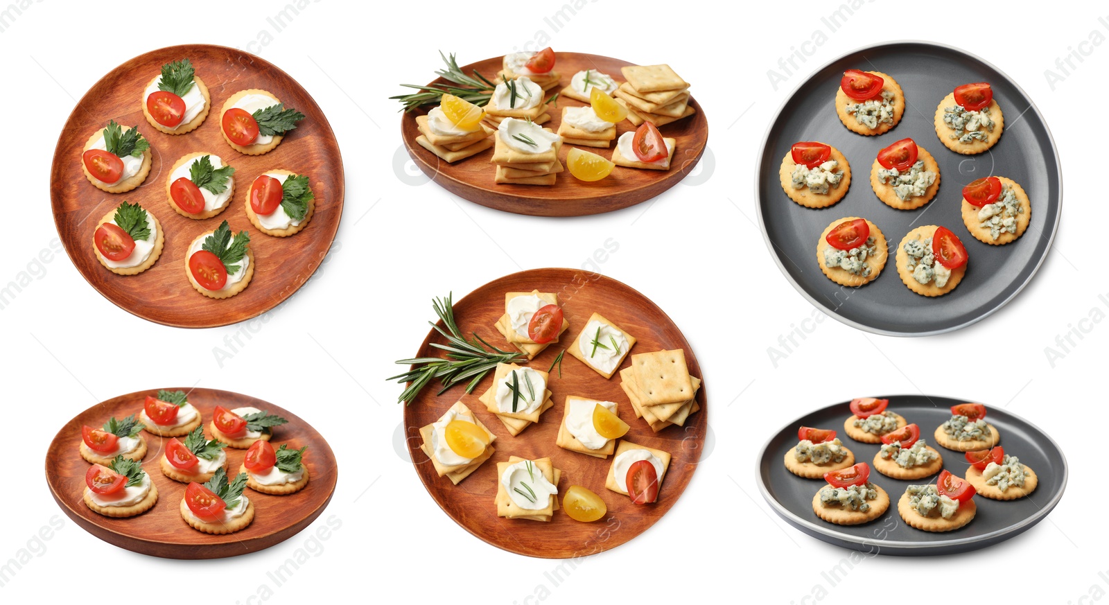 Delicious crackers with different toppings isolated on white, collage. Top and side views Image of Delicious crackers with different toppings isolated on white, collage. Top and side views
