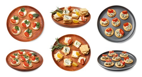 Image of Delicious crackers with different toppings isolated on white, collage. Top and side views