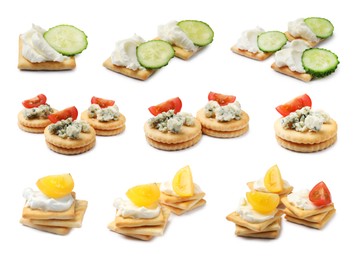 Image of Delicious crackers with different toppings isolated on white, collage