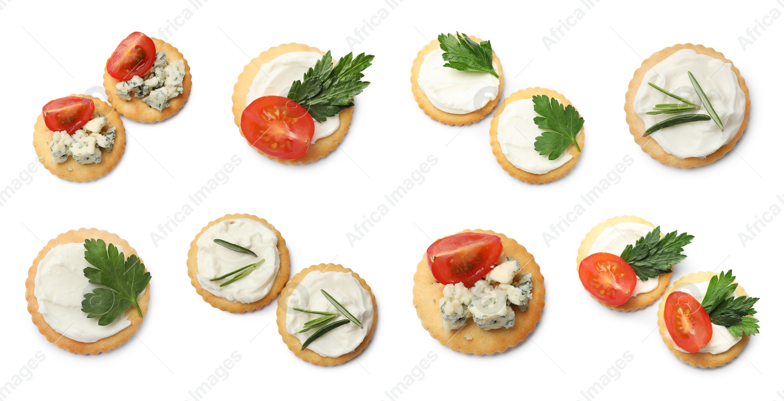 Image of Delicious crackers with different toppings isolated on white, collage. Top view