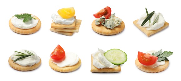 Image of Delicious crackers with different toppings isolated on white, collage
