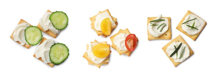 Image of Delicious crackers with different toppings isolated on white, collage. Top view