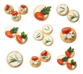 Image of Delicious crackers with different toppings isolated on white, collage. Top view