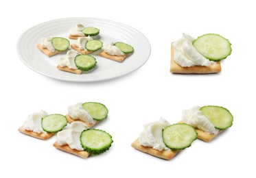 Image of Delicious crackers with cream cheese and cucumber isolated on white, collage