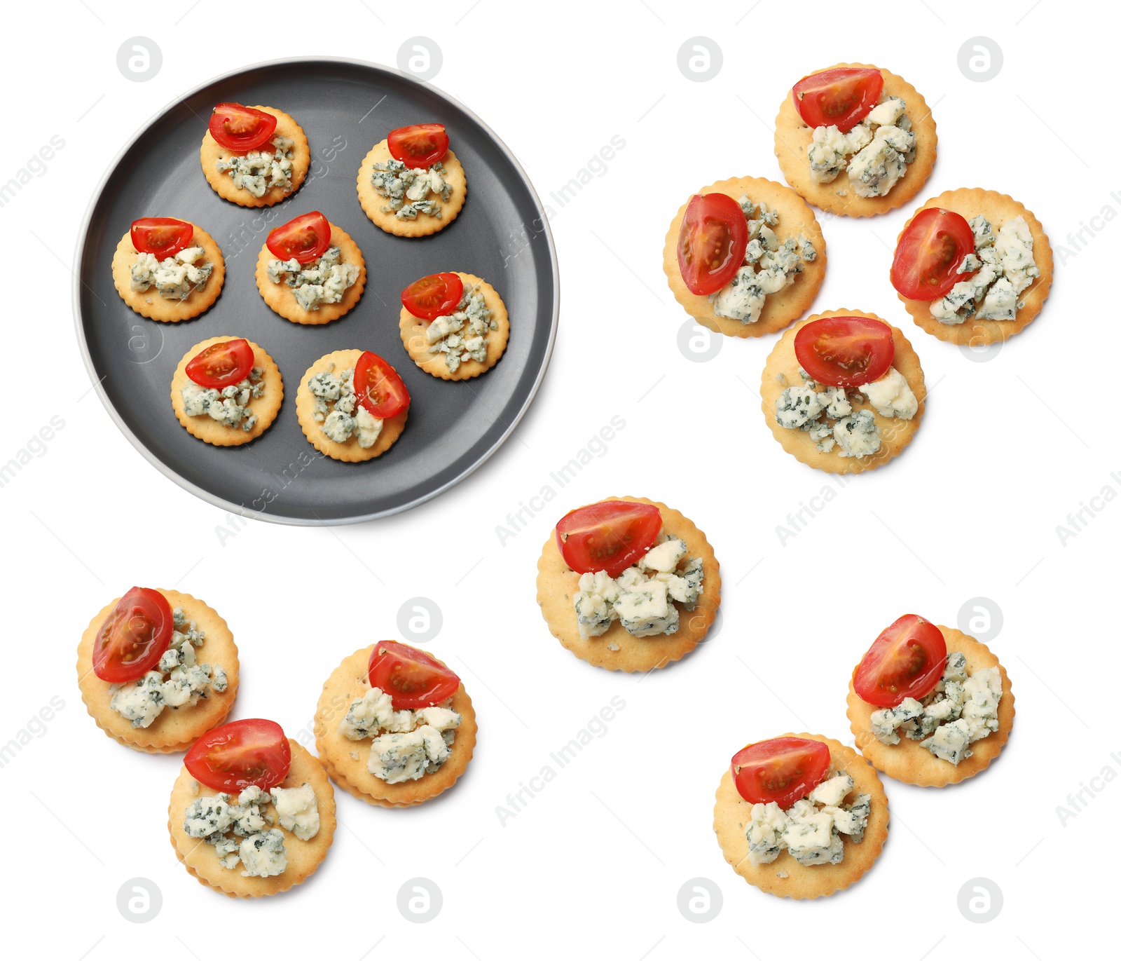 Delicious crackers with blue cheese and tomatoes isolated on white, collage. Top view Image of Delicious crackers with blue cheese and tomatoes isolated on white, collage. Top view