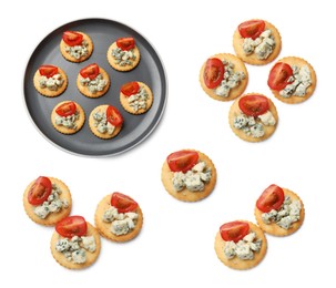 Image of Delicious crackers with blue cheese and tomatoes isolated on white, collage. Top view