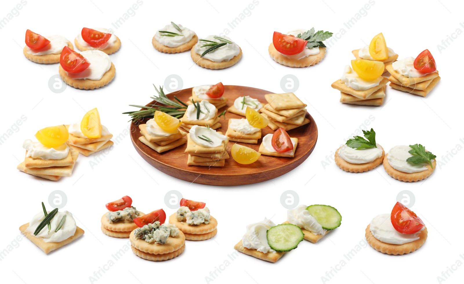 Image of Delicious crackers with different toppings isolated on white, collage