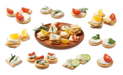 Image of Delicious crackers with different toppings isolated on white, collage