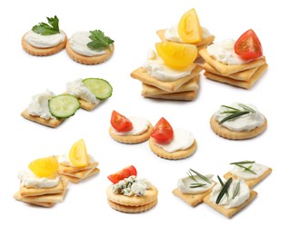 Image of Delicious crackers with different toppings isolated on white, collage