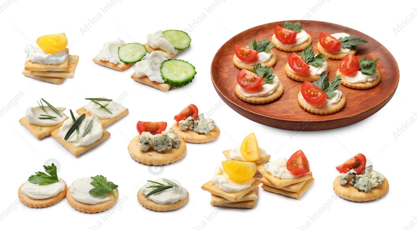 Delicious crackers with different toppings isolated on white, collage Image of Delicious crackers with different toppings isolated on white, collage