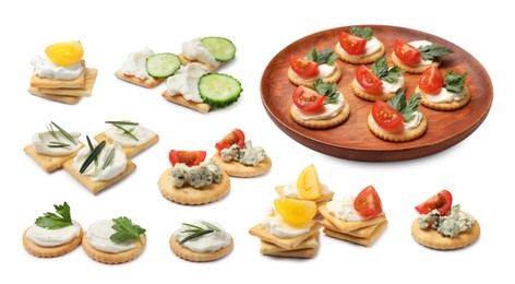 Image of Delicious crackers with different toppings isolated on white, collage