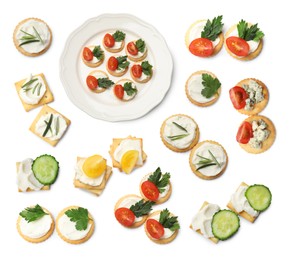 Image of Delicious crackers with different toppings isolated on white, collage. Top view