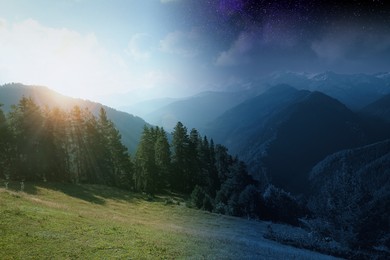 Image of Mountain landscape with meadow and forest on sunny day and starry night, collage