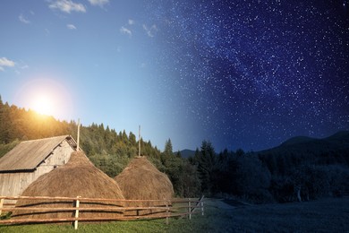 Image of Hay piles in mountains on sunny day and starry night, collage. Time change