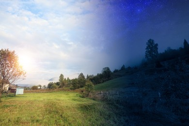 Image of Mountain landscape with wooden fence and green trees by day and night. Combined design