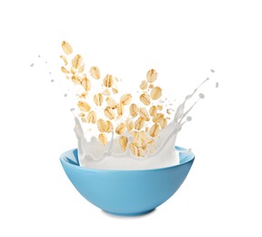 Image of Oats and milk splashing out from bowl on white background