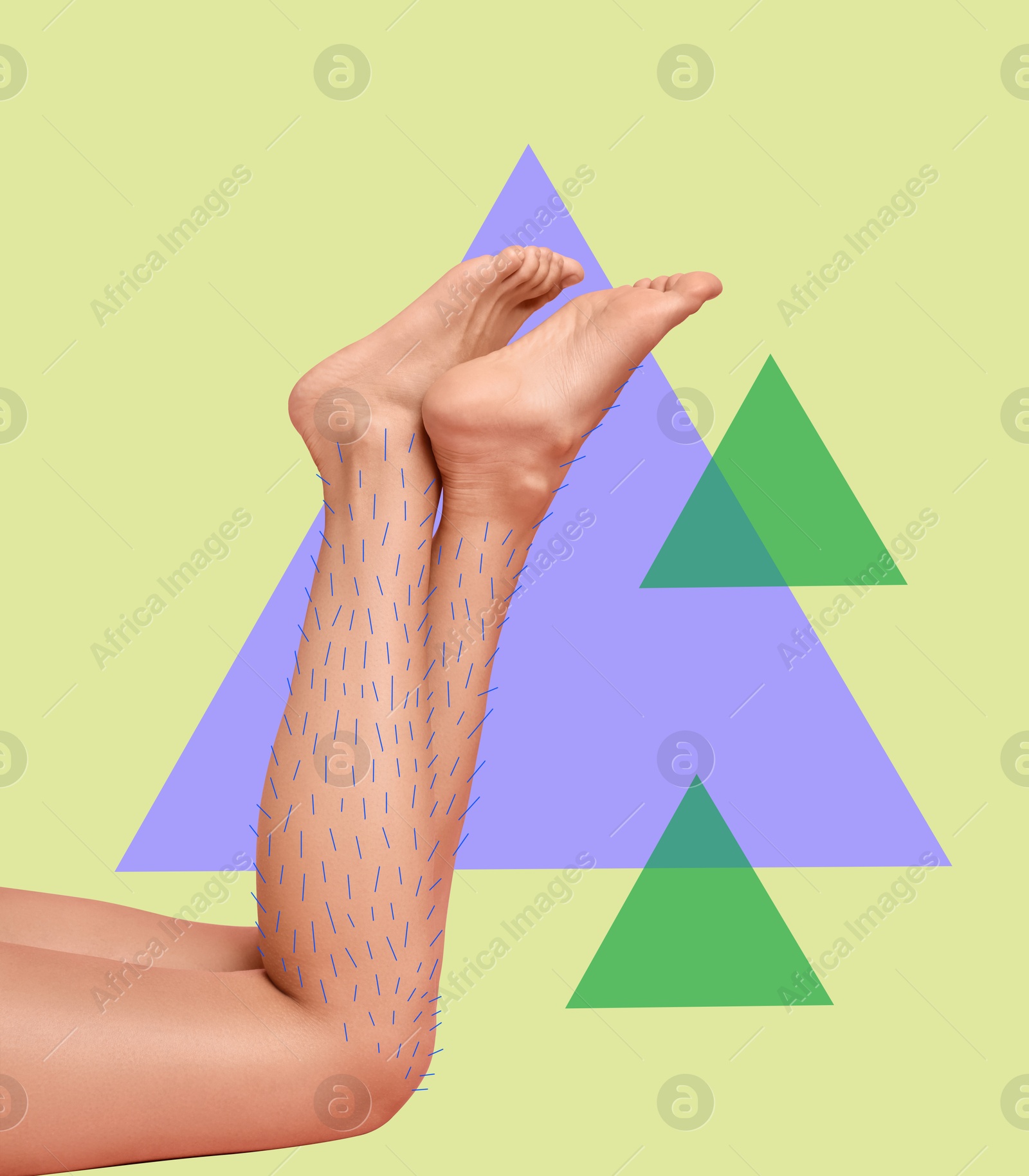 Epilation, creative collage. Woman showing legs with drawn hairs against yellowish green background with triangles Image of Epilation, creative collage. Woman showing legs with drawn hairs against yellowish green background with triangles