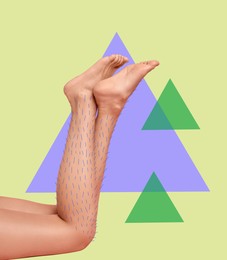 Image of Epilation, creative collage. Woman showing legs with drawn hairs against yellowish green background with triangles