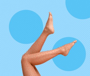 Image of Epilation, creative collage. Woman showing legs with drawn hairs against light blue background with circles