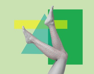 Image of Epilation, creative collage. Woman showing legs with drawn hairs against light green background with geometric shapes