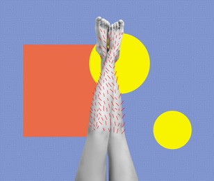 Image of Epilation, creative collage. Woman showing legs with drawn hairs against violet blue background with geometric shapes