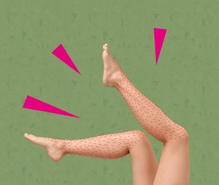 Image of Epilation, creative collage. Woman showing legs with drawn hairs against light green background