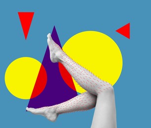 Image of Epilation, creative collage. Woman showing legs with drawn hairs against light blue background with geometric shapes
