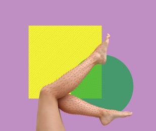 Image of Epilation, creative collage. Woman showing legs with drawn hairs against violet background with geometric shapes