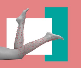 Image of Epilation, creative collage. Woman showing legs with drawn hairs against coral color background with geometric shapes