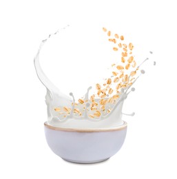 Image of Oats and milk splashing out from bowl on white background