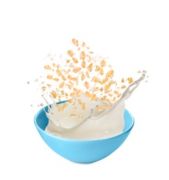 Image of Oats and milk splashing out from bowl on white background