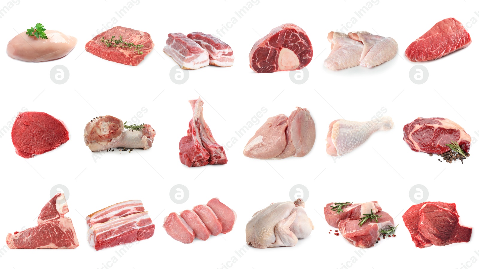 Different types of fresh raw meat isolated on white, collage. Beef, pork, chicken and veal Image of Different types of fresh raw meat isolated on white, collage. Beef, pork, chicken and veal