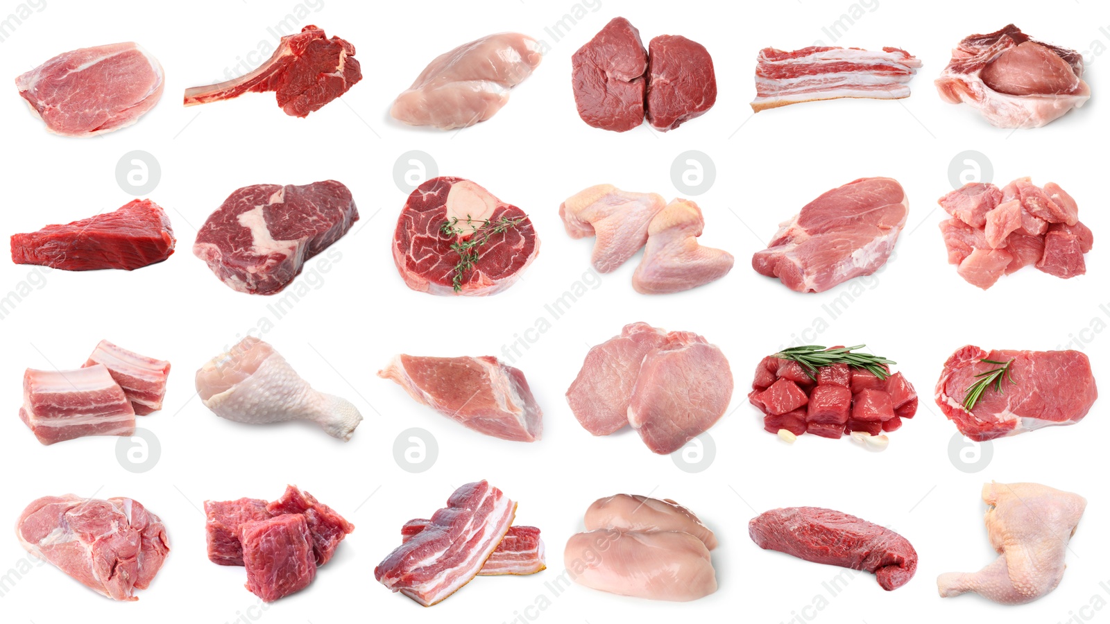 Different types of fresh raw meat isolated on white, collage. Beef, pork, chicken and veal Image of Different types of fresh raw meat isolated on white, collage. Beef, pork, chicken and veal