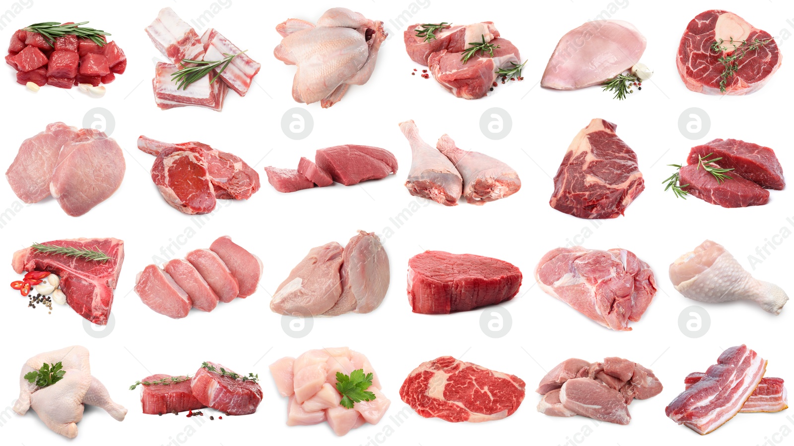 Different types of fresh raw meat isolated on white, collage. Beef, pork, chicken and veal Image of Different types of fresh raw meat isolated on white, collage. Beef, pork, chicken and veal