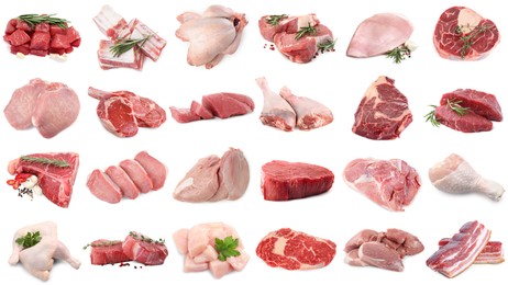 Image of Different types of fresh raw meat isolated on white, collage. Beef, pork, chicken and veal