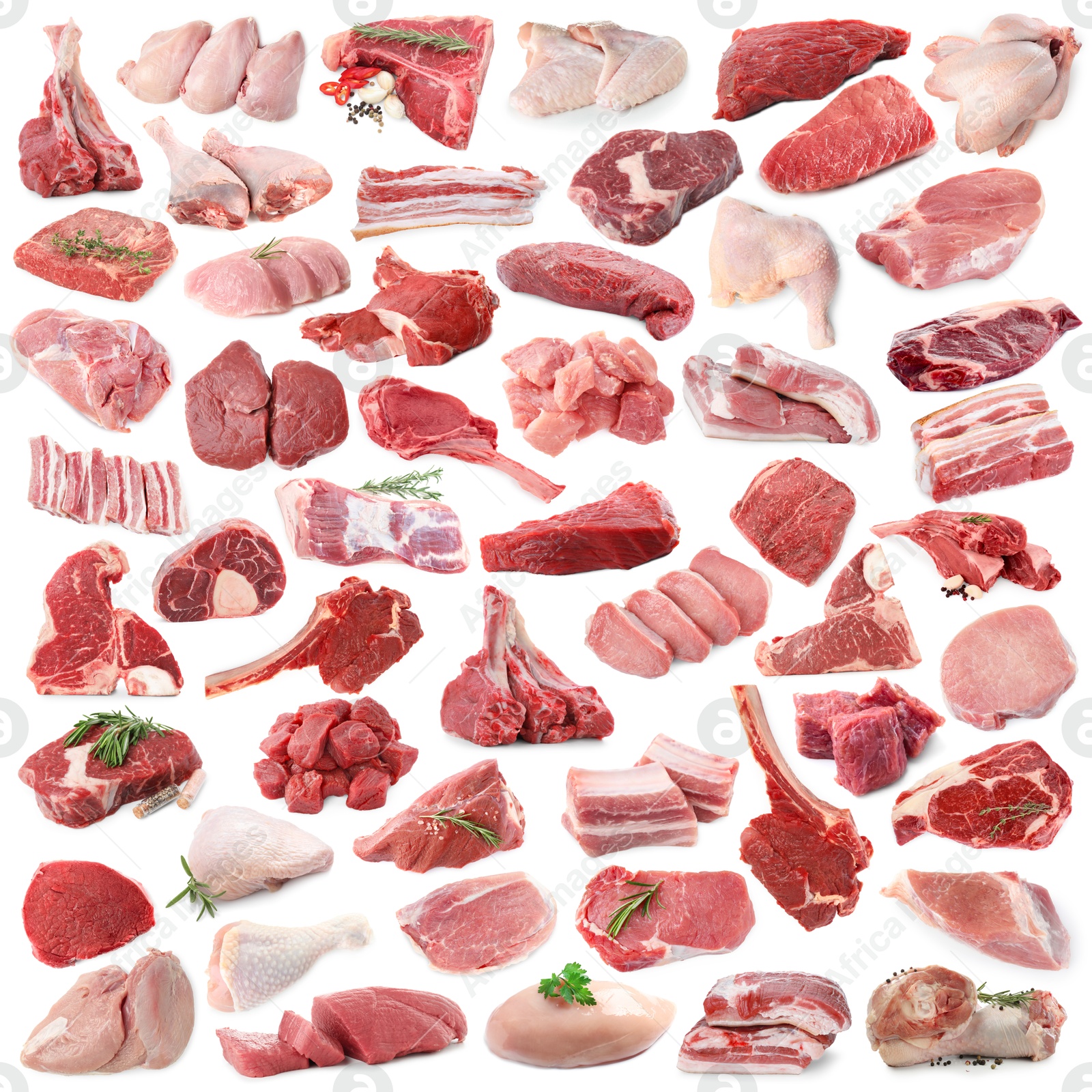 Different types of fresh raw meat isolated on white, collage. Beef, pork, chicken and veal Image of Different types of fresh raw meat isolated on white, collage. Beef, pork, chicken and veal
