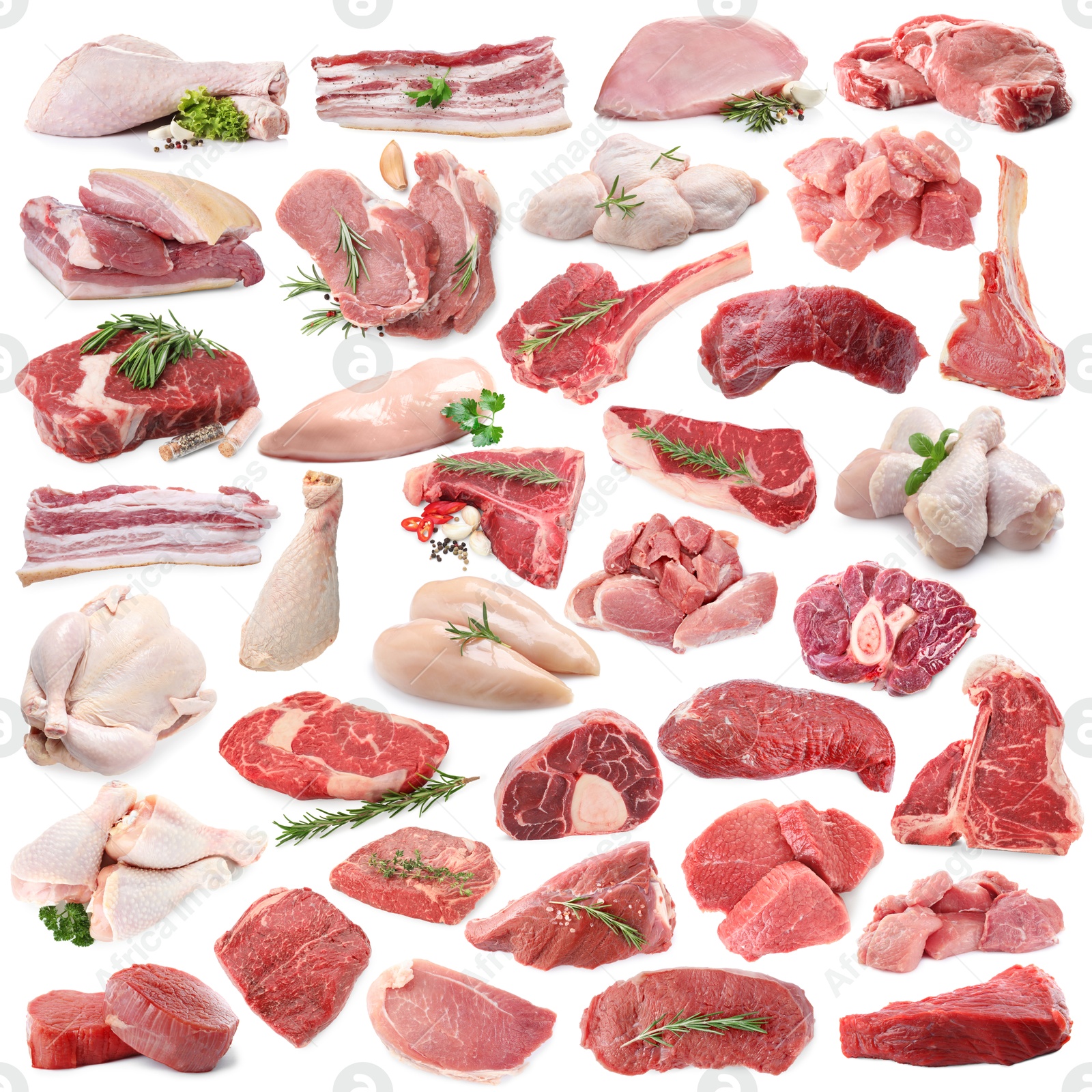 Different types of fresh raw meat isolated on white, collage. Beef, pork, chicken and veal Image of Different types of fresh raw meat isolated on white, collage. Beef, pork, chicken and veal