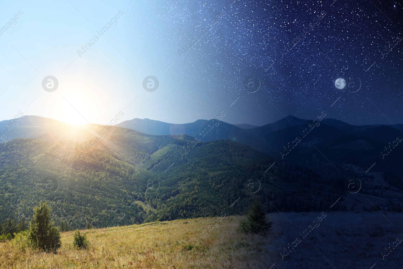Mountain landscape on sunny day and starry night. Combined design Image of Mountain landscape on sunny day and starry night. Combined design