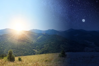 Image of Mountain landscape on sunny day and starry night. Combined design