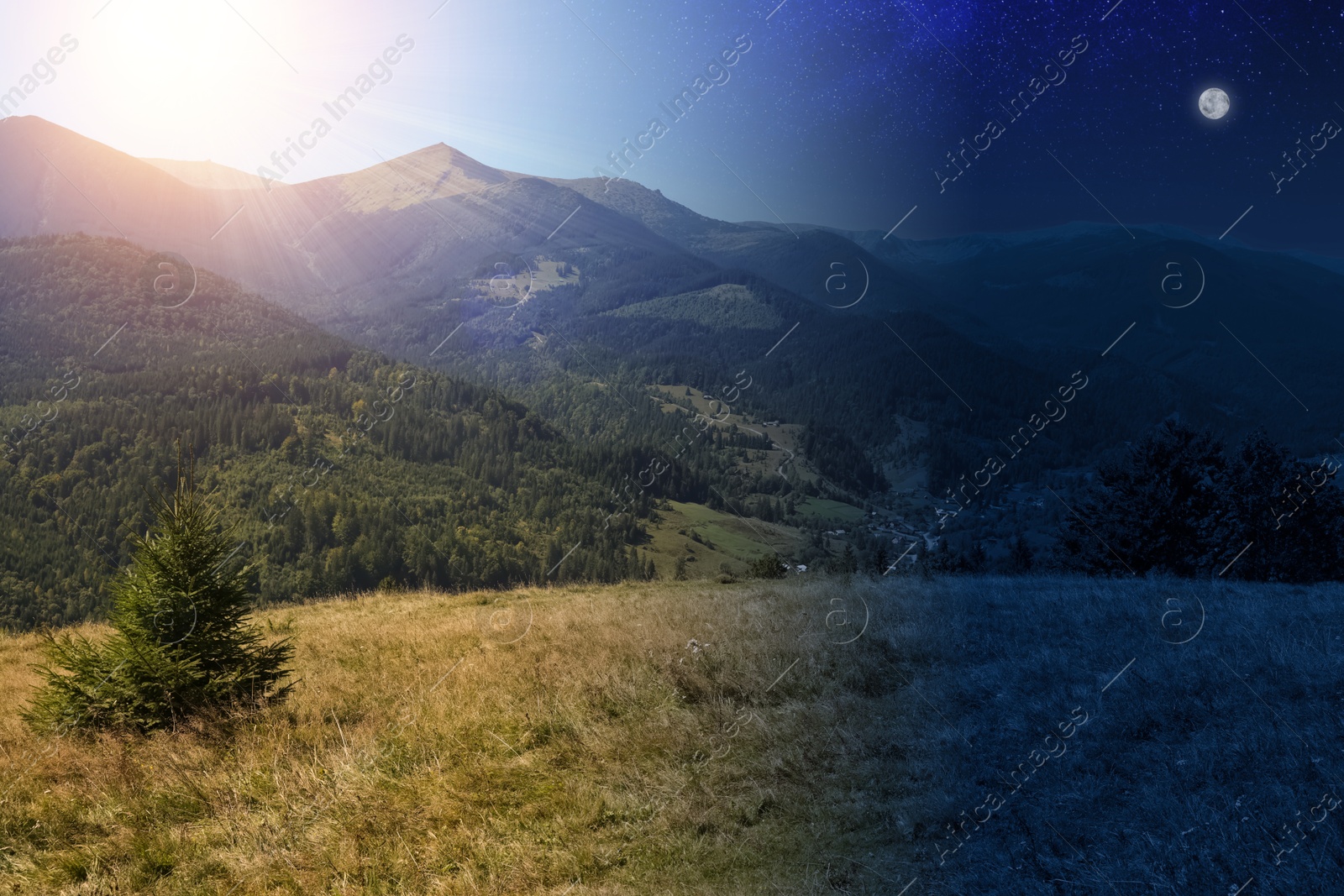 Mountain landscape on sunny day and starry night. Combined design Image of Mountain landscape on sunny day and starry night. Combined design