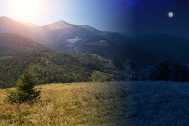 Image of Mountain landscape on sunny day and starry night. Combined design