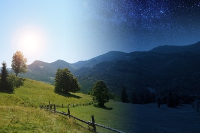Image of Day and night mountain landscape, collage. Sunshine over green meadow on one side and dark sky on opposite side