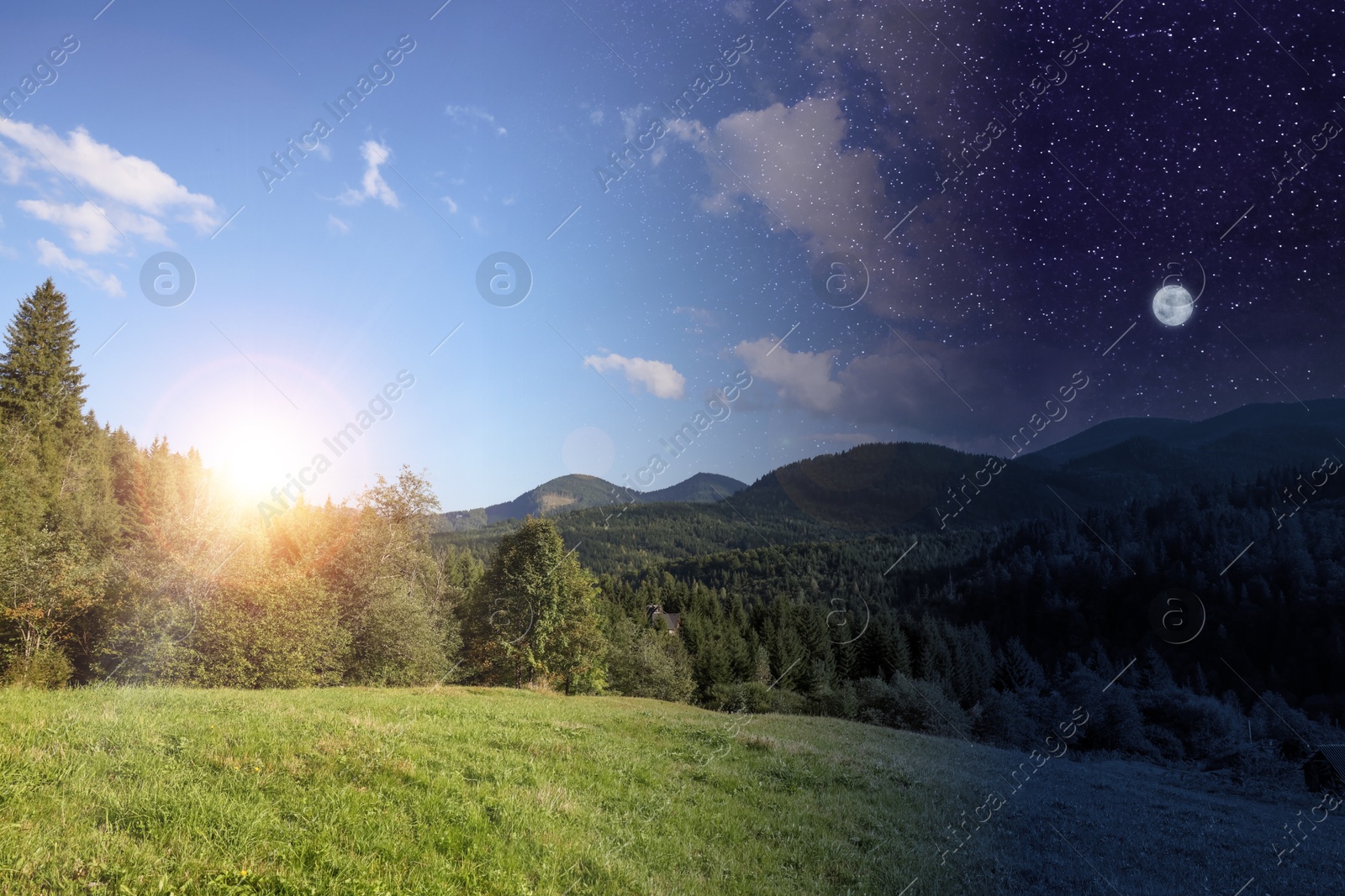 Day and night mountain landscape, collage. Sunshine over green meadow on one side and dark sky on opposite side Image of Day and night mountain landscape, collage. Sunshine over green meadow on one side and dark sky on opposite side