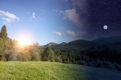 Image of Day and night mountain landscape, collage. Sunshine over green meadow on one side and dark sky on opposite side