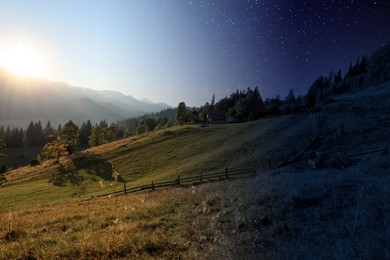 Image of Pasture in mountains by day and night. Combined design