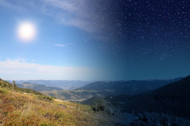 Image of Mountain landscape on sunny day and starry night. Combined design
