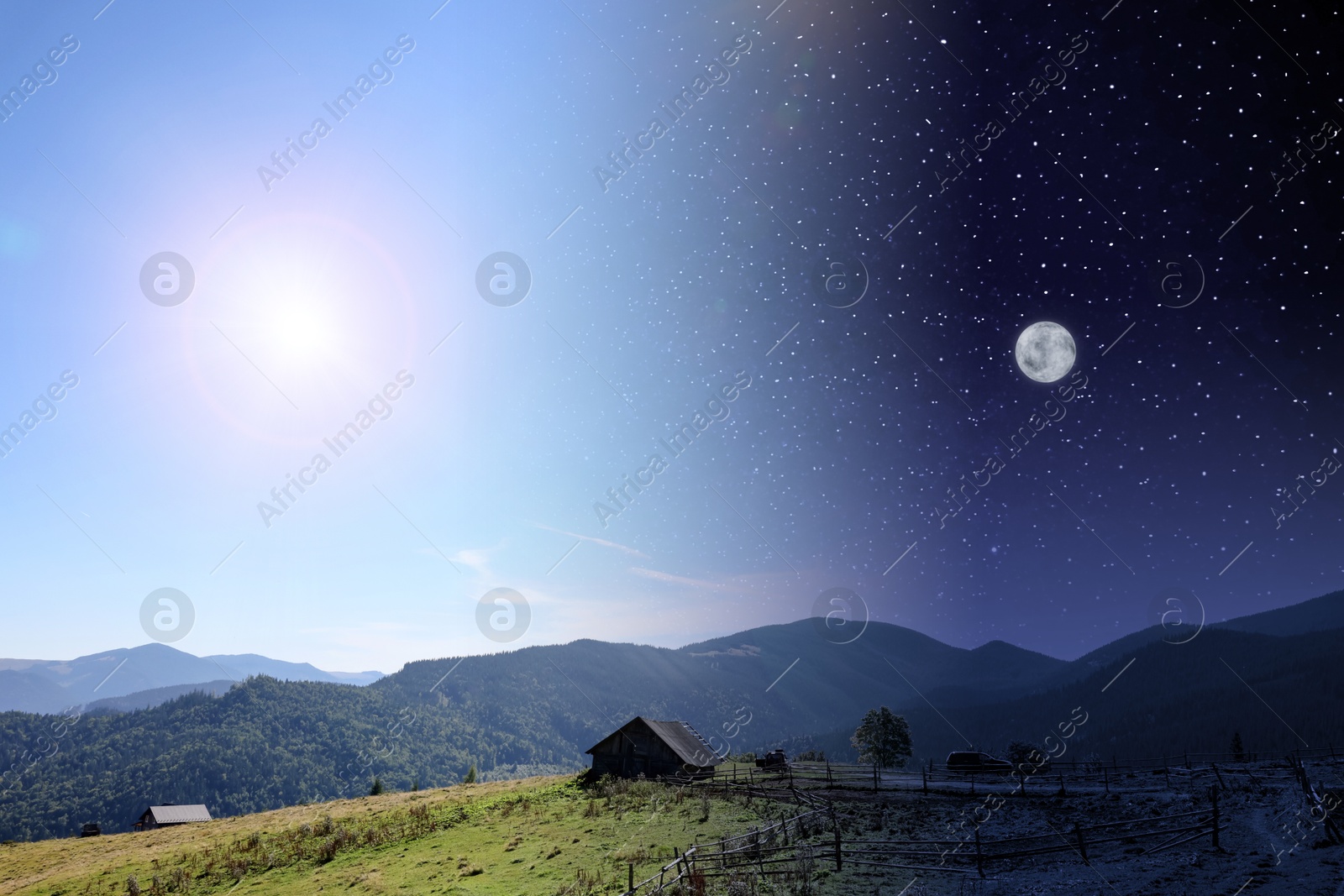 Day and night mountains landscape, collage. Sunshine over green meadow on one side and dark sky with moon on opposite side Image of Day and night mountains landscape, collage. Sunshine over green meadow on one side and dark sky with moon on opposite side