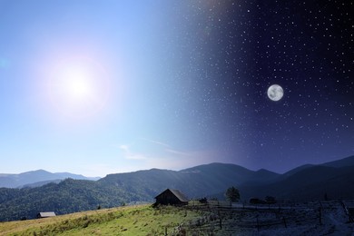 Image of Day and night mountains landscape, collage. Sunshine over green meadow on one side and dark sky with moon on opposite side