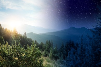 Image of Beautiful mountains with forest by day and night, combined design